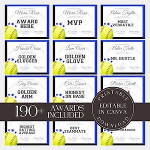 Editable Softball Awards Printable Softball Team Certificate Bundle Canva Template  Team Party Gift for Softball Player
