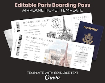 Editable Paris Surprise Boarding Pass, Printable France Ticket Template, Surprise Invitation, Vacation Tickets, Airline Trip Ticket, Custom