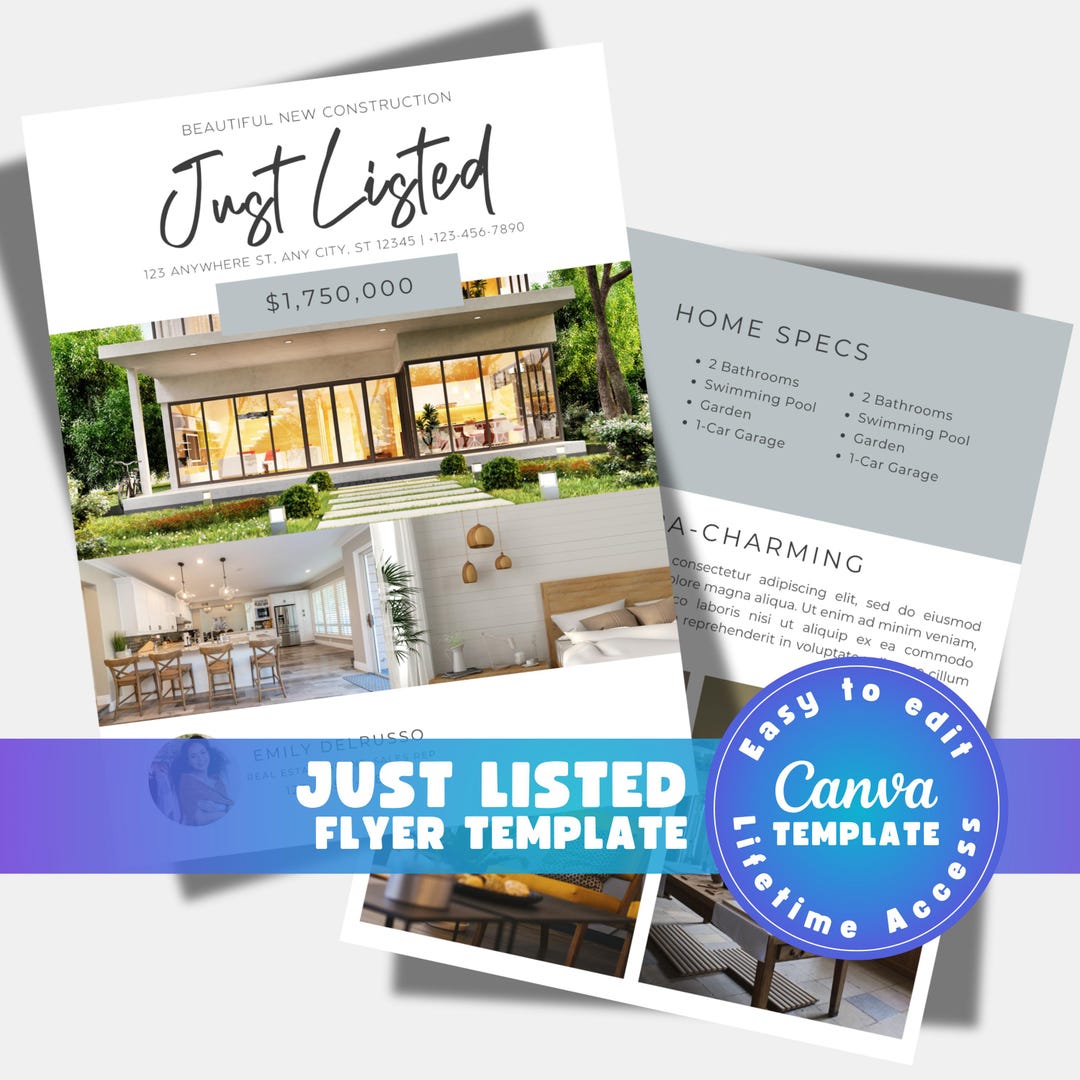 Editable Real Estate Just Listed Flyer Template 2-page Design (canva, 8 ...