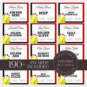 Editable Softball Awards Printable Softball Team Certificate Bundle Canva Template  Team Party Gift for Softball Player