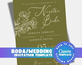 Spanische Hochzeitseinladung Vorlage, Canva printable, invitacion de boda 5x7, digitaler Download
