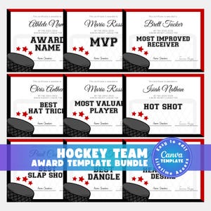 Editable Hockey Certificate Awards Template, 40 Award Certificates in 8 Colors, Ice Hockey Team Awards, Coach End of Season Canva Bundle