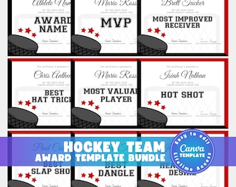 Editable Hockey Certificate Awards Template, 40 Award Certificates in 8 Colors, Ice Hockey Team Awards, Coach End of Season Canva Bundle