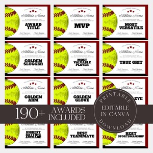 Editable Softball Awards Printable Softball Team Certificate Bundle Canva Template  Team Party Gift for Softball Player