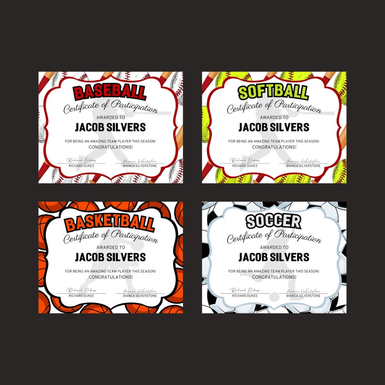 Editable Multisport Participation Awards, Certificate of Participation