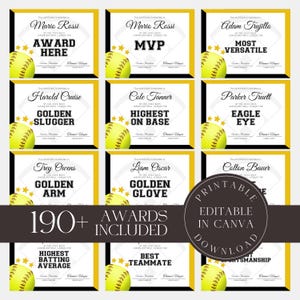 Editable Softball Awards Printable Softball Team Certificate Bundle Canva Template  Team Party Gift for Softball Player