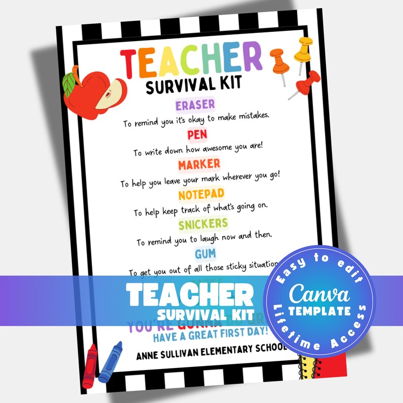 Editable Teacher Survival Kit Card Back to School Gift (canva Template ...