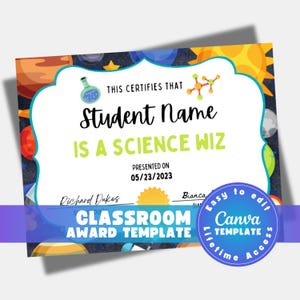 Editable School Certificate Science Student Elementary Classroom Award Certificate  Template Printable Graduation Awards