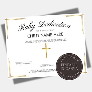 Certificado de Dedicación Editable Plantilla de Certificado de Bautismo Certificado de Dedicación Bautizo de Bebé Iglesia Dedicación de Niño