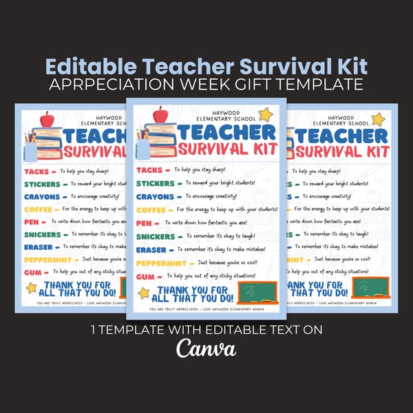 Editable Teacher Survival Kit, Back to School Teacher Gift, Printable  Template, Teacher Appreciation Gift, First Day Teaching Students