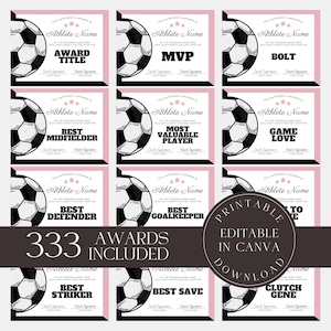 May include: A set of 333 printable soccer award certificates in black and white with a pink background. The certificates feature a soccer ball graphic and text that says "Printable, Editable in Canva, Download".