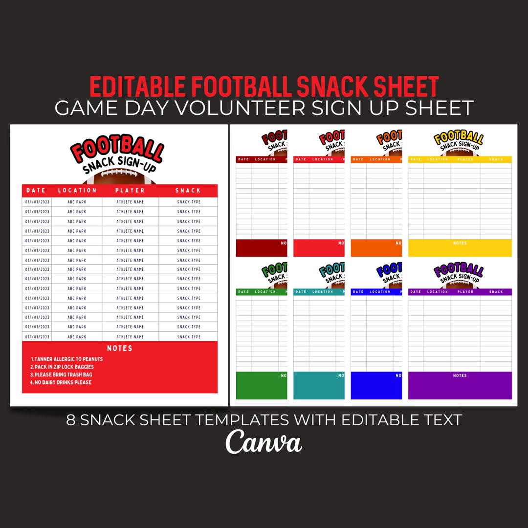 Editable Football Snack Sign up Sheet Game Day Schedule Canva Etsy