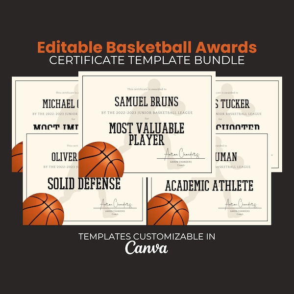 End of Season Basketball Awards, Editable Basketball Award Certificate Bundle,  Template Bundle, Team Party Printable, Kids Basketball