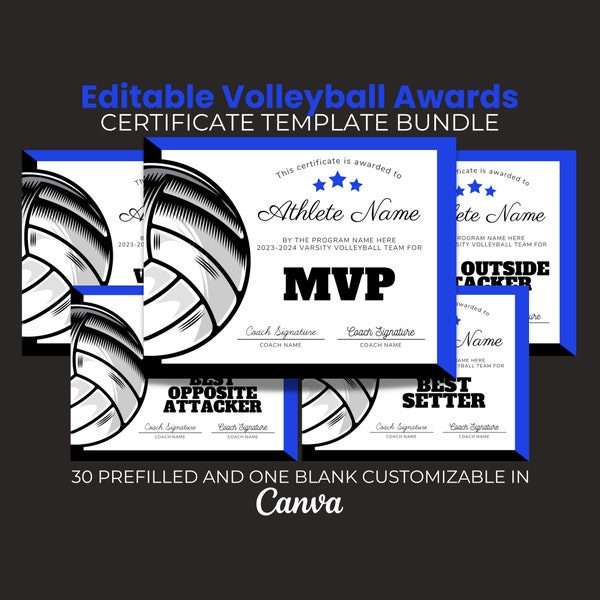 End of Season Volleyball Awards Bundle, Editable Volleyball Certificates, Printable Team Party Certificates, Volleyball Participation Blue