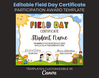 Editable School Field Day Certificate, Elementary Classroom Award Certificate,  Template, Student Event Awards, Field Day Participation
