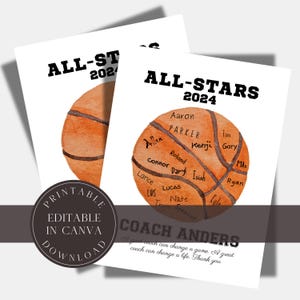 Cadeau modifiable de remerciement pour entraîneur Carte de remerciement pour entraîneur de basket-ball Enseigne imprimable de basket-ball Modèle de toile personnalisé Récompenses de basket-ball de l'équipe