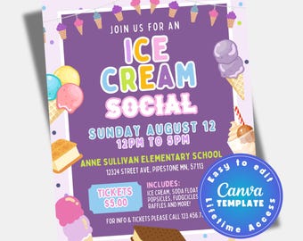 Modèle de flyer social crème glacée, fête d'été imprimable, flyer d'événement scolaire, PTO PTA social Canva