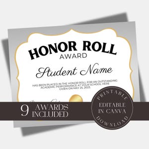 Editable School Honor Roll Certificate Classroom Academic Excellence Award  Template Student Honorary Award Elementary High School