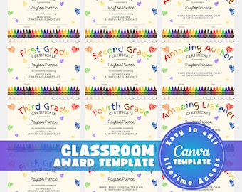 Classroom award certificate bundle, editable school awards printable, student recognition certificate set, Canva PDF