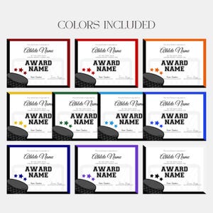 May include: Nine different hockey award certificate templates with various border colors: red, orange, yellow, green, blue, light blue, dark blue, purple, and black. Each certificate features a hockey puck and net graphic, stars, and the text "Athlete Name", "Award Name", and "This certificate is awarded to... by the 2022-2023 Junior Hockey League for..."