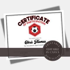 Modèle de lot de certificats de récompense de football modifiable Bundle imprimable Modèle de toile de cadeau de récompense de récompense de football de fête d'équipe