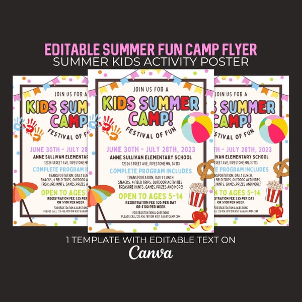 Editable Summer Fun Camp Flyer Template, School Summer Break Festival Theme Poster, School Activity, Spring Break, PTA, PTO Fundraiser