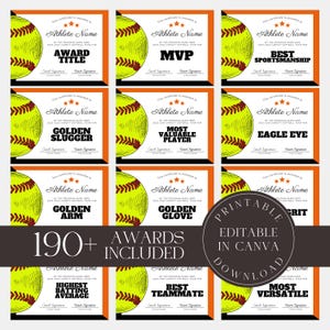 Editable Softball Awards Printable Softball Team Certificate Bundle Canva Template  Team Party Gift for Softball Player