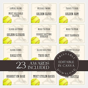 Editable Softball Awards Printable Softball Team Certificate Bundle Canva Template  Team Party Gift for Softball Player