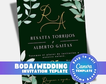 Spanish wedding invitation template, editable Canva invite, invitacion de boda floral, 5x7 printable digital download