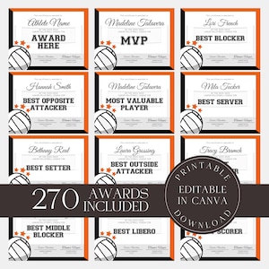 Paquete de premios de voleibol editables Certificados de voleibol Certificados imprimibles para fiestas de equipo Participación en voleibol Naranja