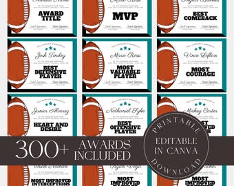 Editable Football Awards Template, Custom Football Award Certificates, American Football Team Gift for Team Coach, Printable Digital Canva