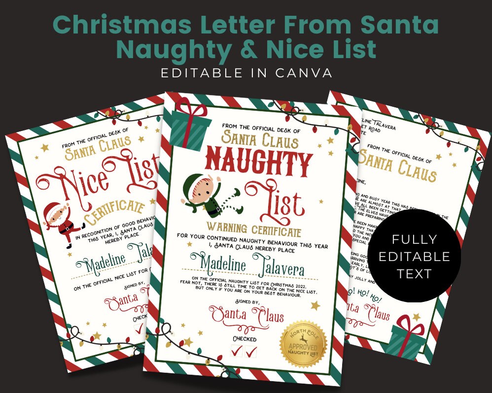 Printable Santa's Naughty List Certificate, Editable Official North Pole  Name PDF Template, Personalized Christmas Digital Download Reusable 
