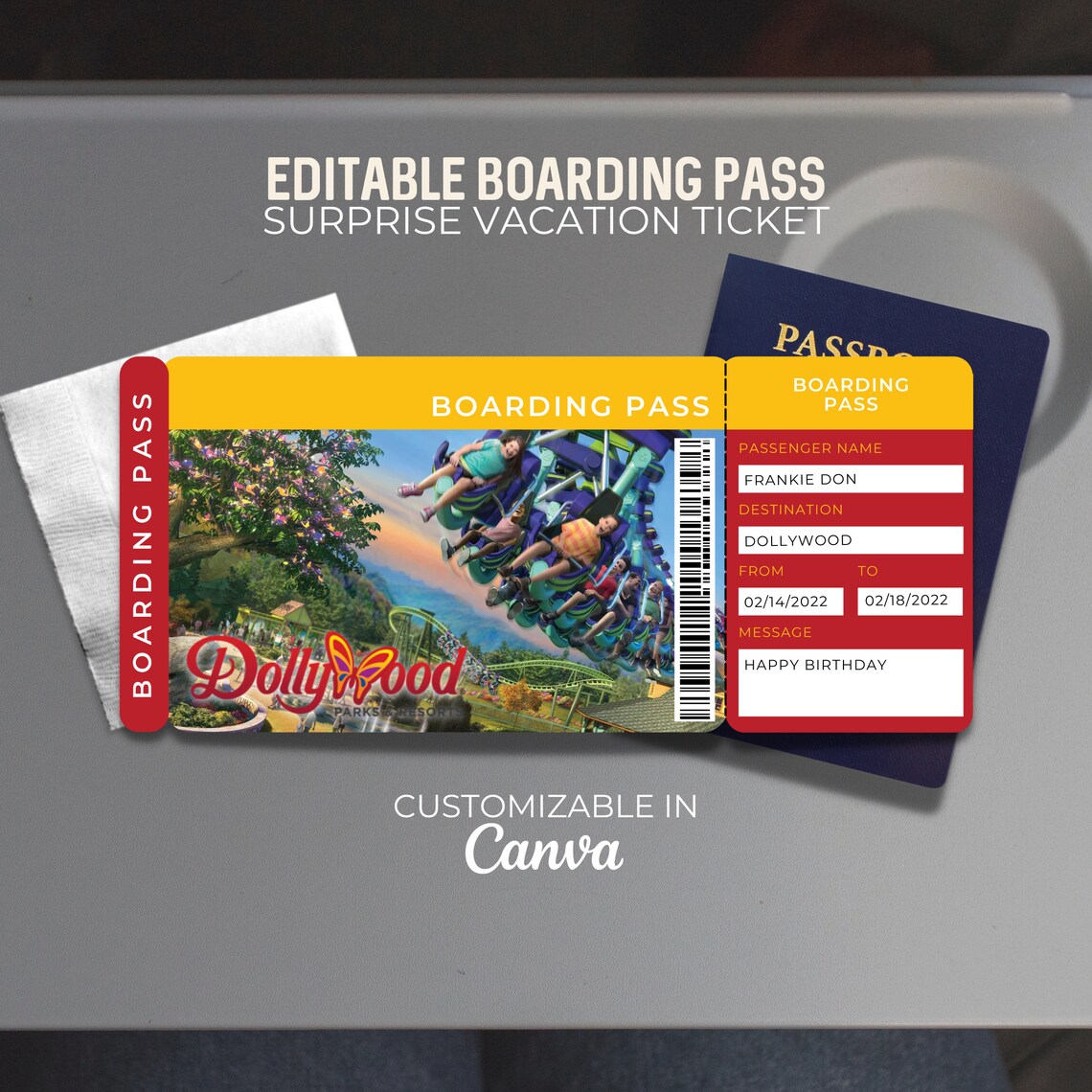 Editable Boarding Pass Theme Park Dollywood Printable Ticket - Etsy