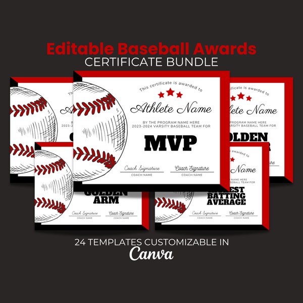 Lot de certificats de récompense de baseball modifiables, modèle, imprimable pour fête d'équipe, récompenses de baseball de fin de saison, participation au T-ball rouge
