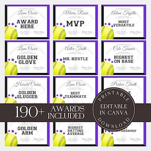 Editable Softball Awards Printable Softball Team Certificate Bundle Canva Template  Team Party Gift for Softball Player