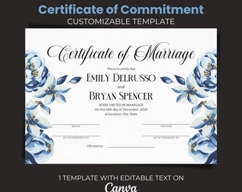 Printable Wedding Certificate Template, Certificate of Marriage, Commitment, Vow Renewal, Editable Certificate Digital Download
