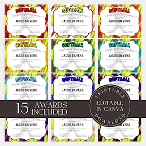 Editable Softball Awards Printable Softball Team Certificate Bundle Canva Template  Team Party Gift for Softball Player