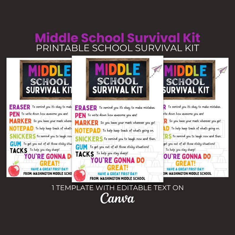 Editable Middle School Survival Kit Gift Tag, Gift for Teachers Staff