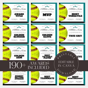 Editable Softball Awards Printable Softball Team Certificate Bundle Canva Template  Team Party Gift for Softball Player