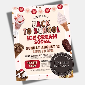 Editable Back to School Ice Cream Social Flyer Printable Back to School Sign Start of the Year School Fundraiser Poster PTO PTA Flyer
