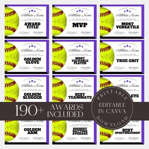 Editable Softball Awards Printable Softball Team Certificate Bundle Canva Template  Team Party Gift for Softball Player