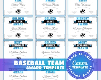 Baseball Awards Bundle, Editable Baseball Certificate Canva Template, Personalized Baseball Team Award Templates, Sport Team Party Gifts