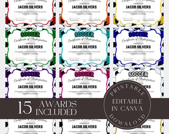 Plantilla editable de premios de fútbol, certificados de premios de fútbol personalizados, regalo para entrenadores, Canva digital imprimible.