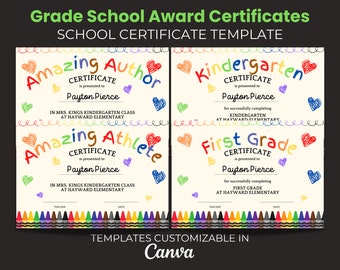 Editable Elementary Classroom Award Certificate,  Template Bundle, Printable School Award, Kindergarten Awards, Student Class Award