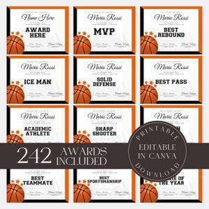 Editable Basketball Awards Printable Basketball Team Certificate Bundle Canva Template  Team Party Award Gift for Player