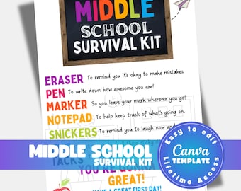 Middle school survival kit template, editable school survival printable, first day of school guide, teacher gift Canva