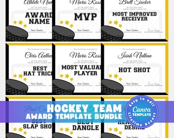 Editable Hockey Certificate Awards Template, 40 Award Certificates in 8 Colors, Ice Hockey Team Awards, Coach End of Season Canva Bundle