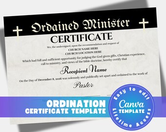 Editable Certificate of Ordination Template (Digital Download)
