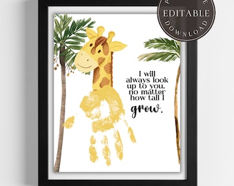 Giraffe handprint art, safari baby keepsake craft, giraffe footprint printable, nursery decor toddler activity