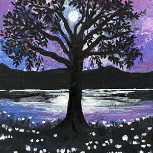 May include: A black silhouette of a tree with a full moon behind it. The tree is in front of a body of water with a purple and blue sky with white stars. The ground is covered in white flowers.